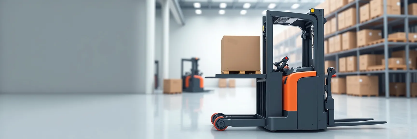 A forklift handling a pallet in a spacious warehouse with shelves and boxes