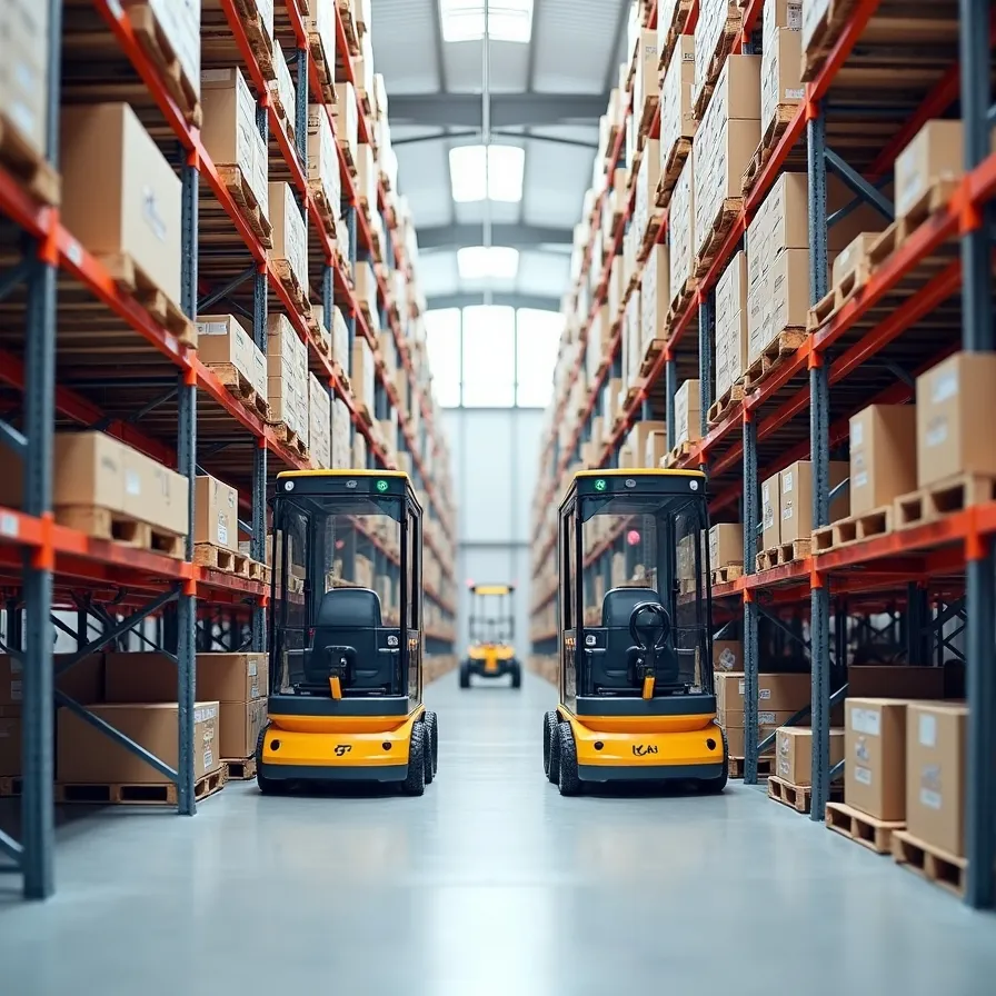 A four-way shuttle rack system with automated vehicles moving goods in a modern warehouse