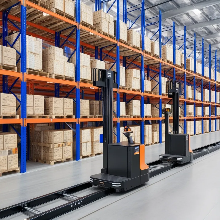 A shuttle-type stereo rack system with automated vehicles moving goods in a high-density warehouse