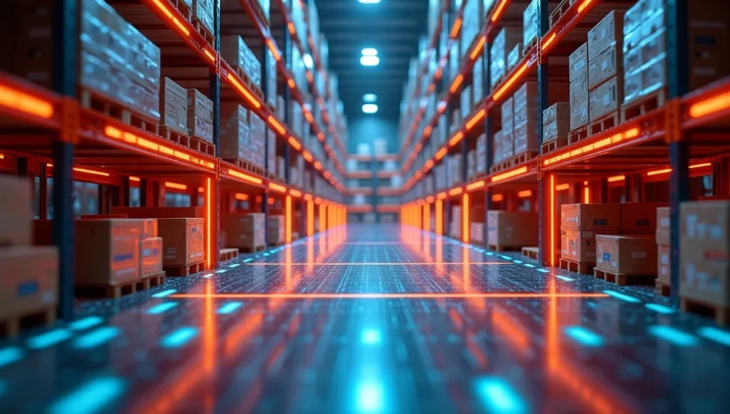 AI warehouse, glowing SKU heatmaps, dynamic slotting maximize storage space