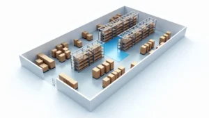 Bird’s-eye view of warehouse beforeafter shuttle racking installation, 3D isometric