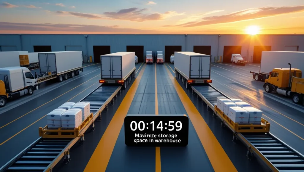 Cross-dock timelapse trucks, conveyors maximize storage space.