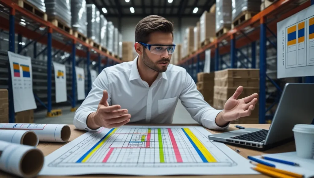 Engineer reviewing warehouse racking design plans with safety metrics