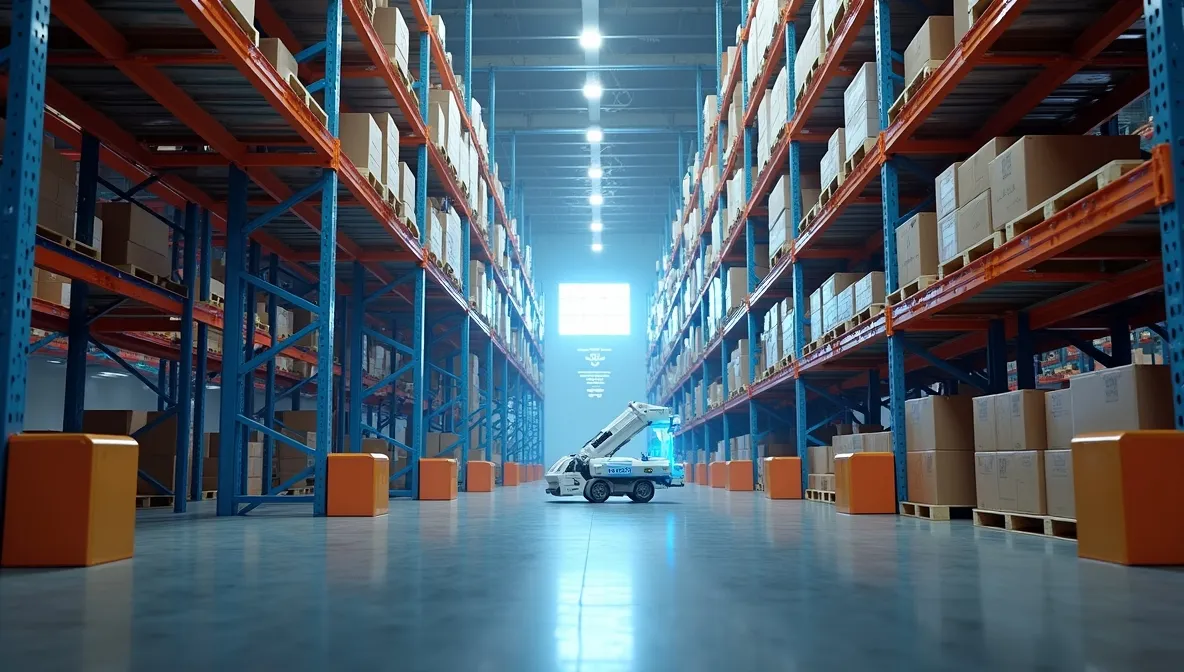 Futuristic warehouse with ASRS racks, drones, robots maximizing storage space.