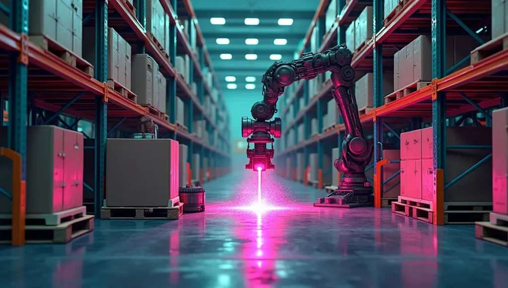 Heavy-duty-pallet-racks AI robots, 3D-printed steel, blockchain data, cyberpunk seismic-resistant