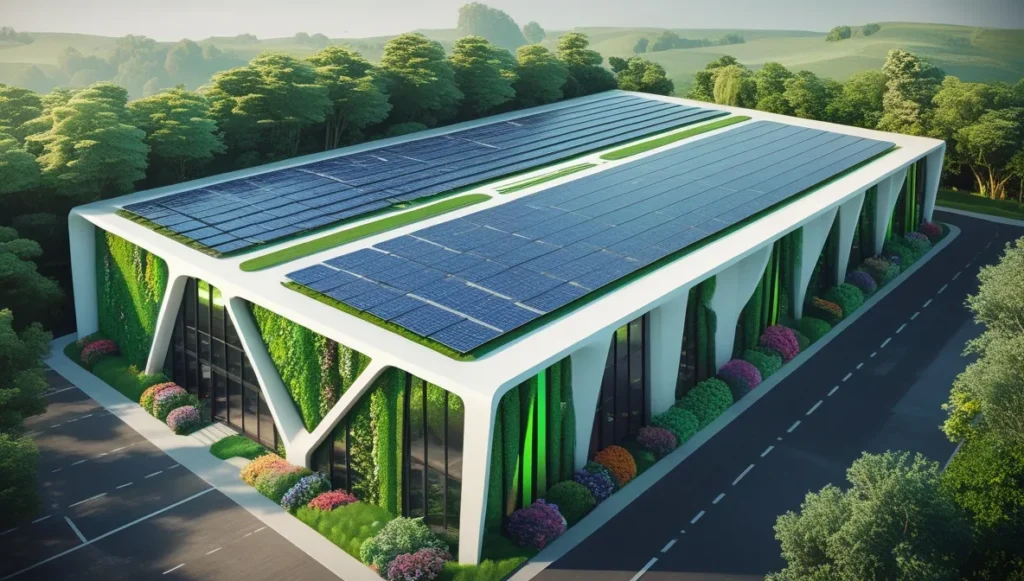Modern zero-waste warehousing with solar panels and green walls