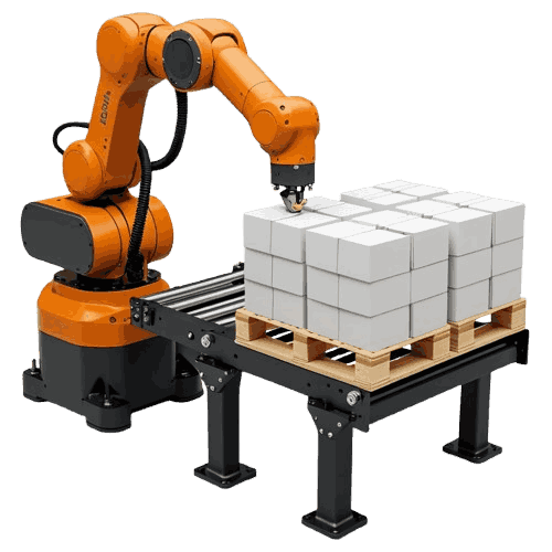 Orange six-axis industrial robot palletizing white cartons on a wooden pallet in an automated production line