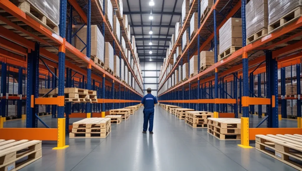 Pallet flow warehouse racking in frost-free facility with worker monitoring
