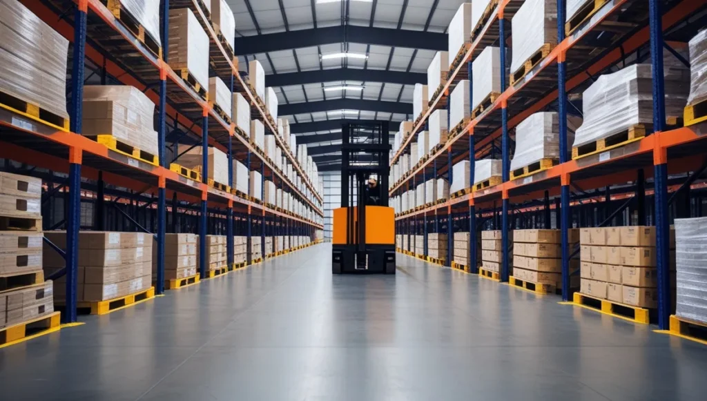Selective pallet warehouse racking with forklift worker retrieving pallets