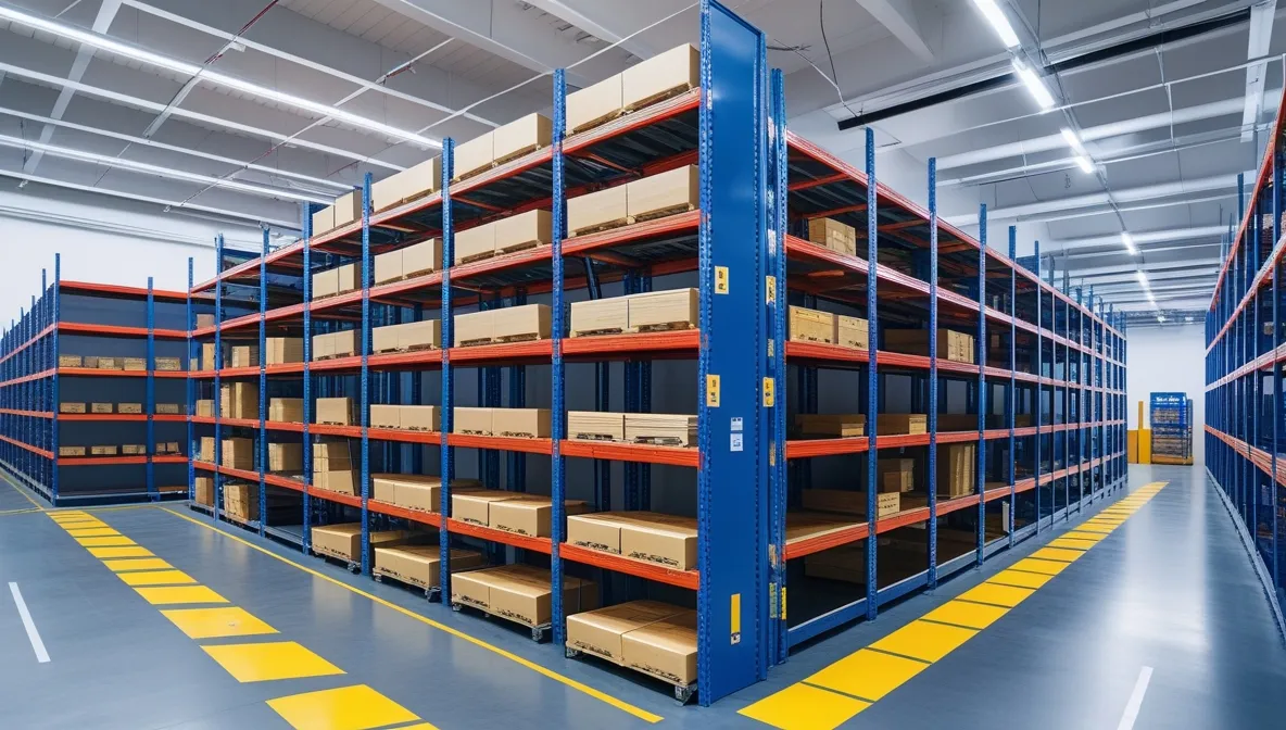 Steel Industrial Storage Racks sliding space-saving shelves, safety lines, compact warehouse