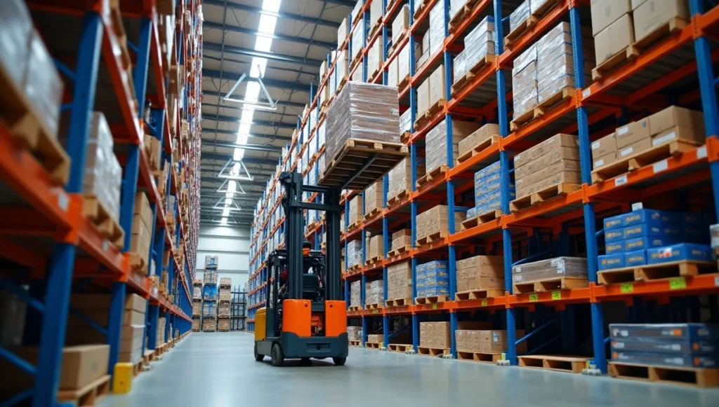 Steel industrial storage racks 40ft-tall, color-coded pallets, narrow-aisle forklift efficiency