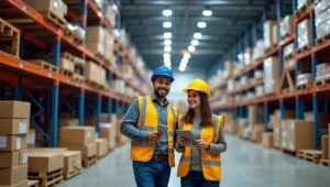 Steel industrial storage racks organized vs. cluttered warehouse, safety gear, barcode efficiency