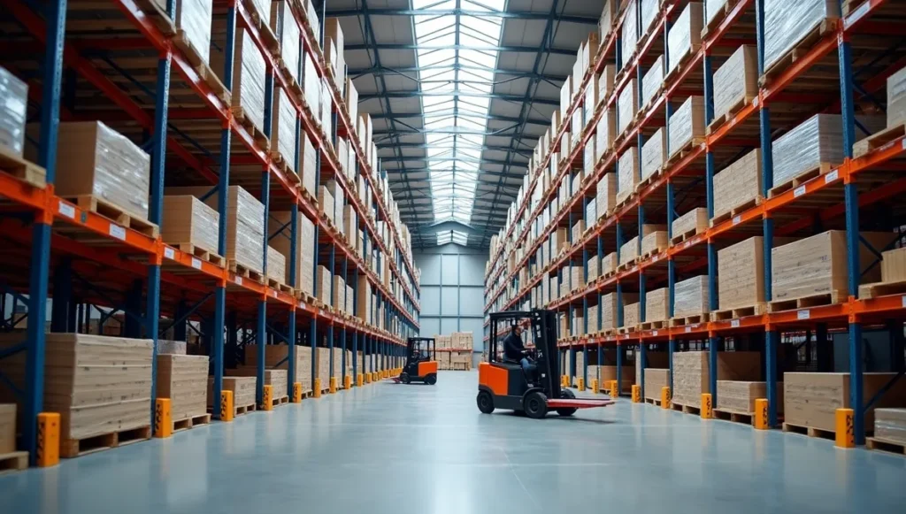 Steel industrial storage racks skylights, forklifts, pallets, space-optimized warehouse