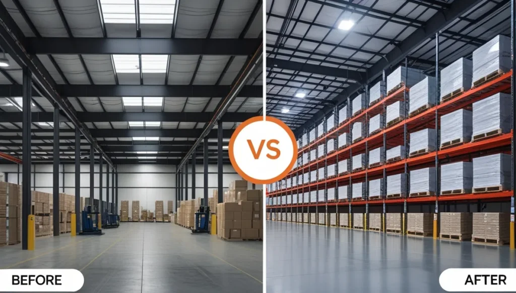 Traditional vs. optimized warehouse dronesmezzanines maximize storage space.