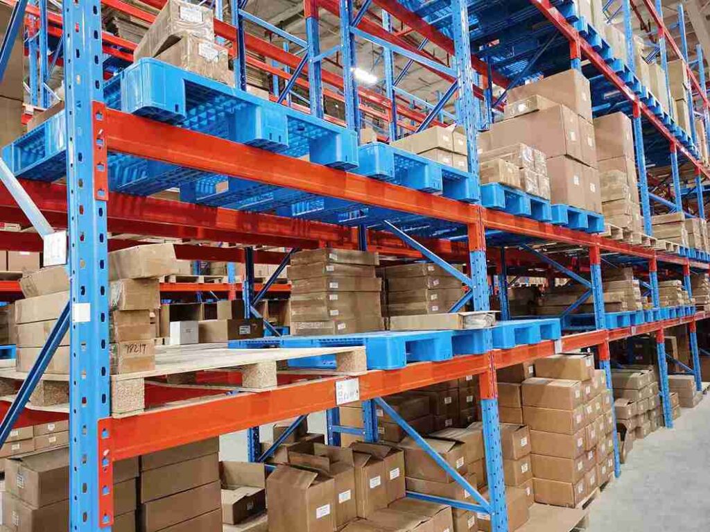 Close-up of heavy-duty beam connection in a Custom Beam Racking system