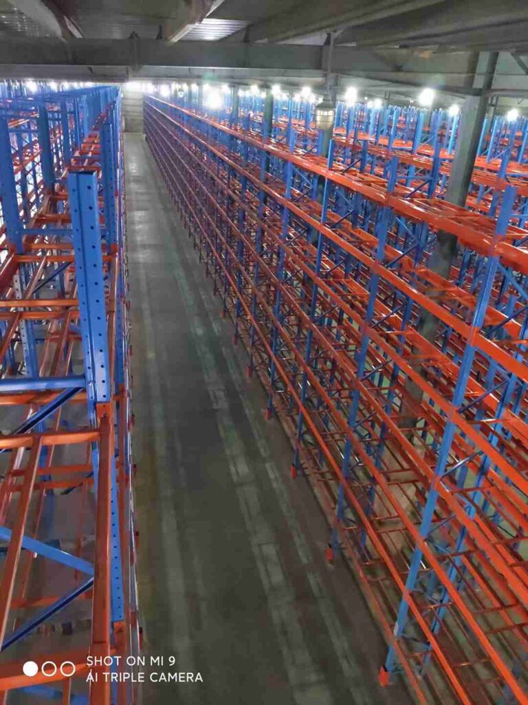 3D digital twin and layout design for a high-density custom narrow aisle shelving systems project.