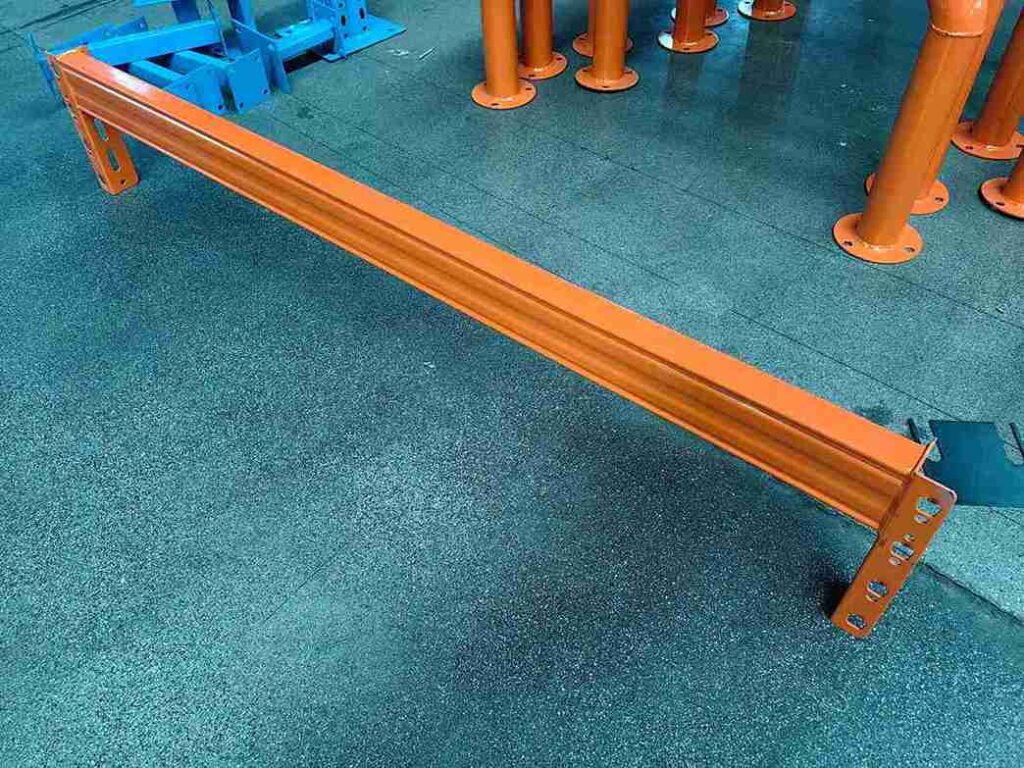 Engineered components of heavy-duty adjustable pallet racking system - upright frame and box beam.