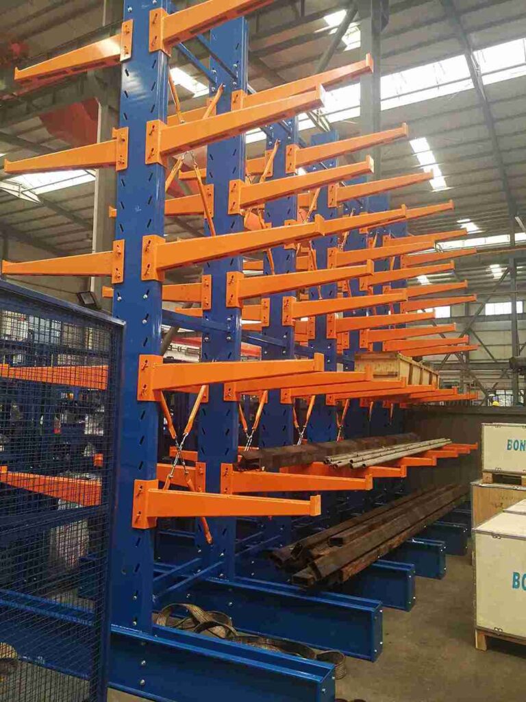 Heavy-duty components and engineering details of industrial cantilever pallet racking.
