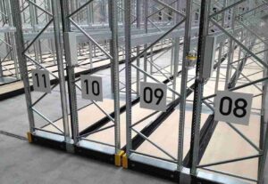 ​​Mobile pallet racking system​​ operation showing space-saving design