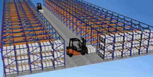 Detailed diagram labeling critical drive in racking dimensions like lane depth and upright height