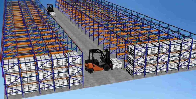 Detailed diagram labeling critical drive in racking dimensions like lane depth and upright height