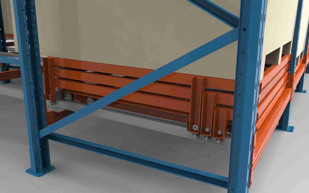 Close-up detail of nested carts and inclined rails in a push-back racking system