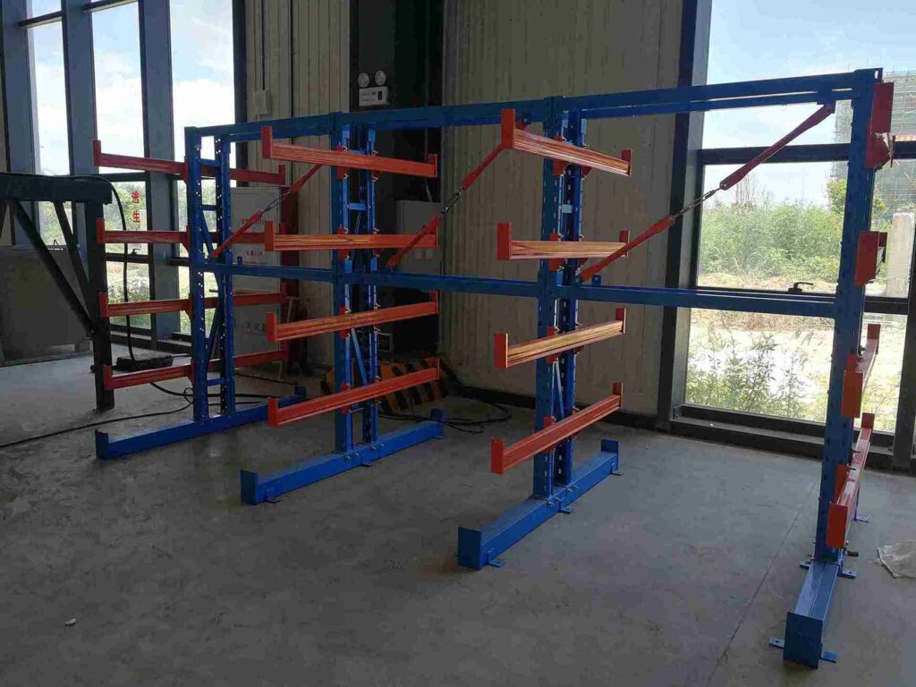 Industrial cantilever racking near me storing long steel pipes in a warehouse