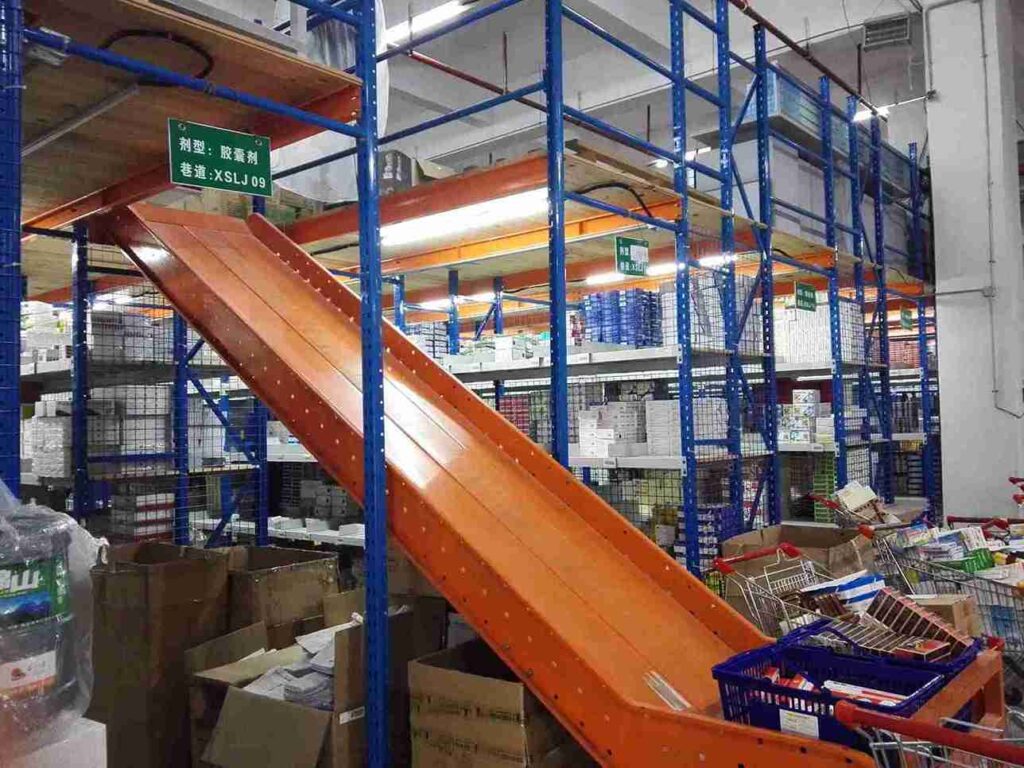 Close-up of high-grade materials and smooth surfaces in compliant mezzanine racking for pharmaceuticals.