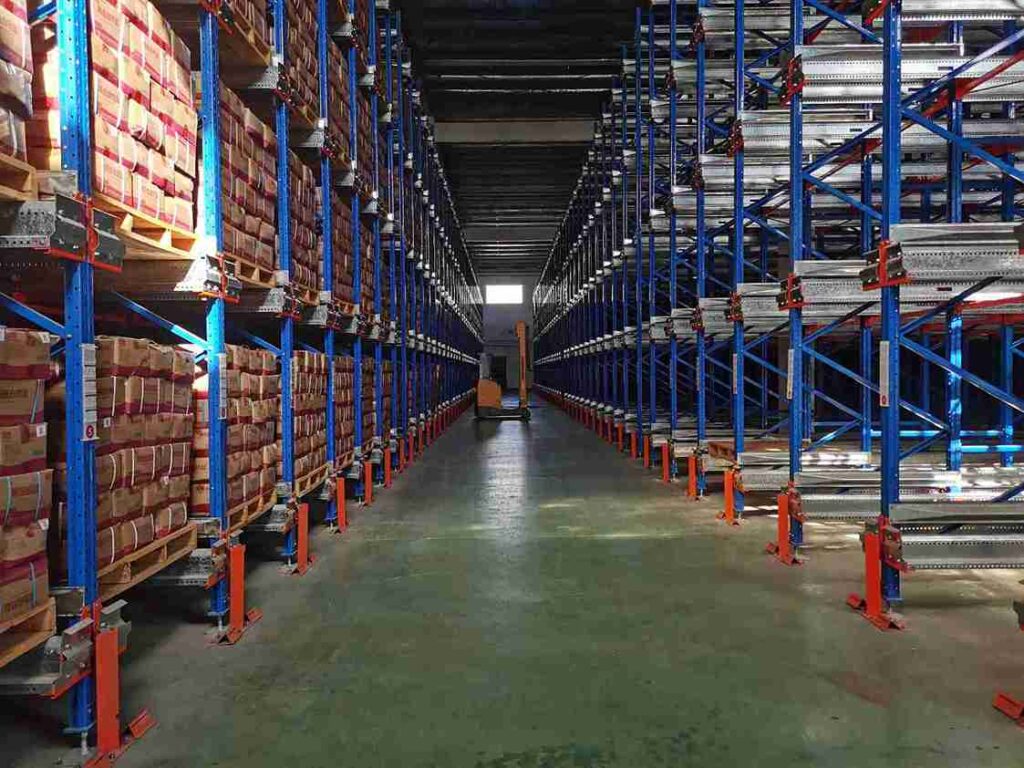 Custom racking system designed by industrial racking companies for narrow aisle forklifts