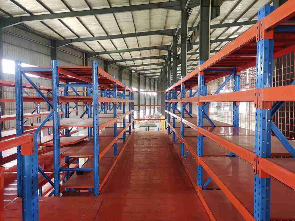 Operational warehouse with a high-capacity custom mezzanine racking design doubling storage space