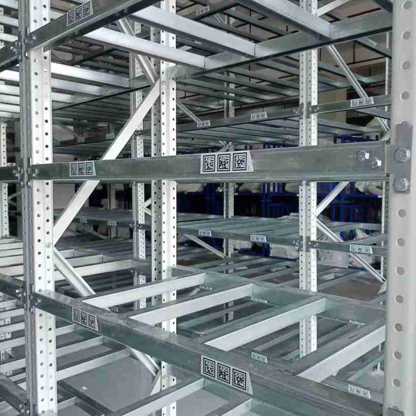 Automation Longspan Shelving with QR code navigation RFID reader and LED pick-to-light for AGV guided picking in pharmaceutical distribution center