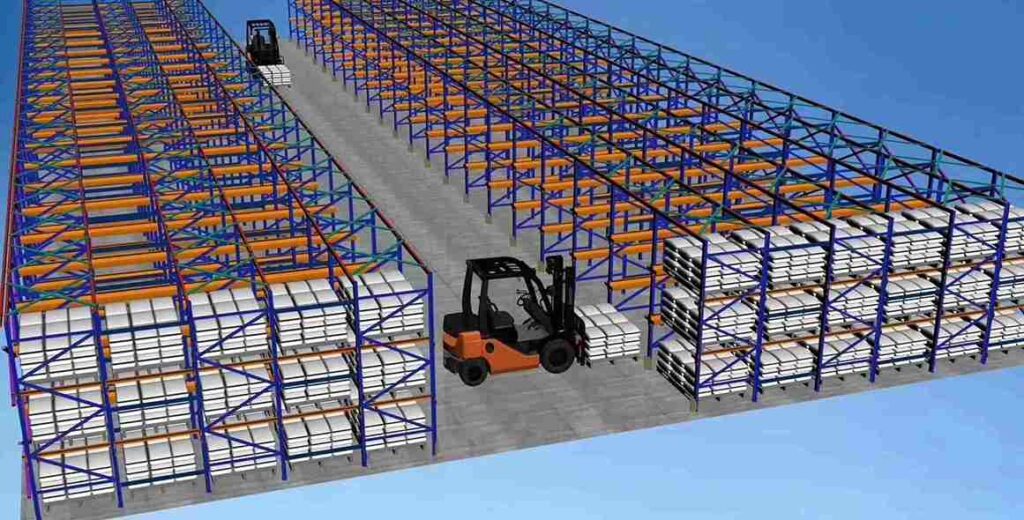 Structural components of a high-density drive-in racking system.