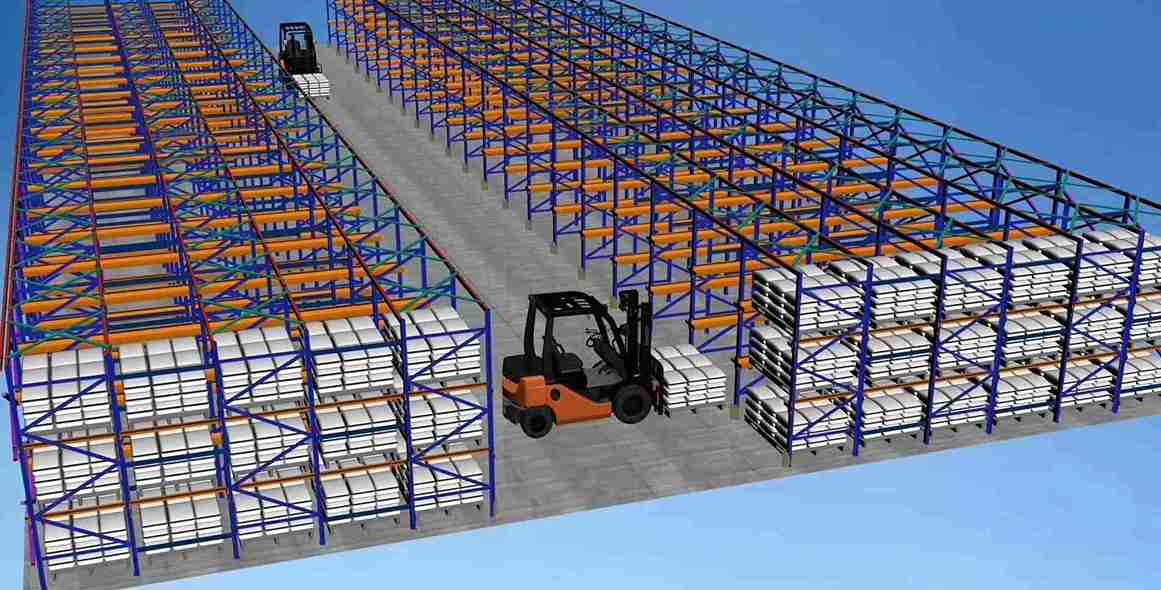 Structural components of a high-density drive-in racking system.