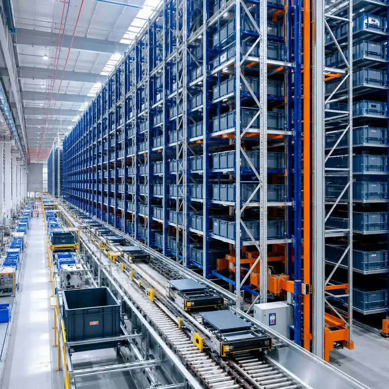 Automated storage and retrieval system AS/RS racking with conveyor lines in a smart warehouse
