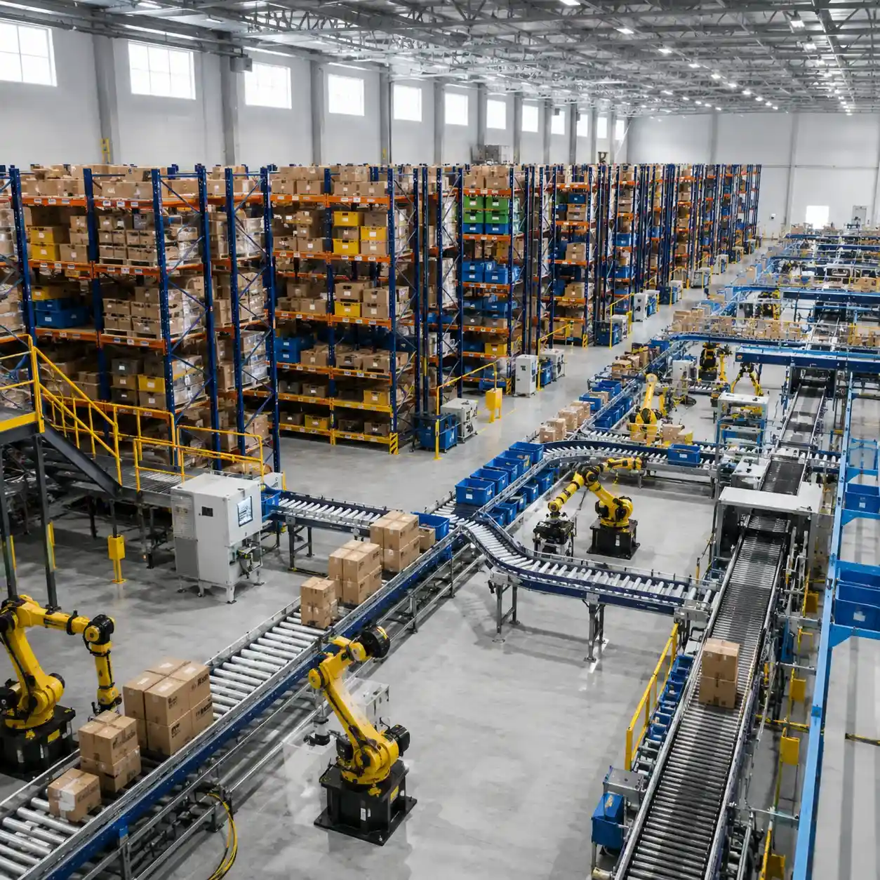 Automated conveyor sorting system with robotic arms for smart warehouse logistics