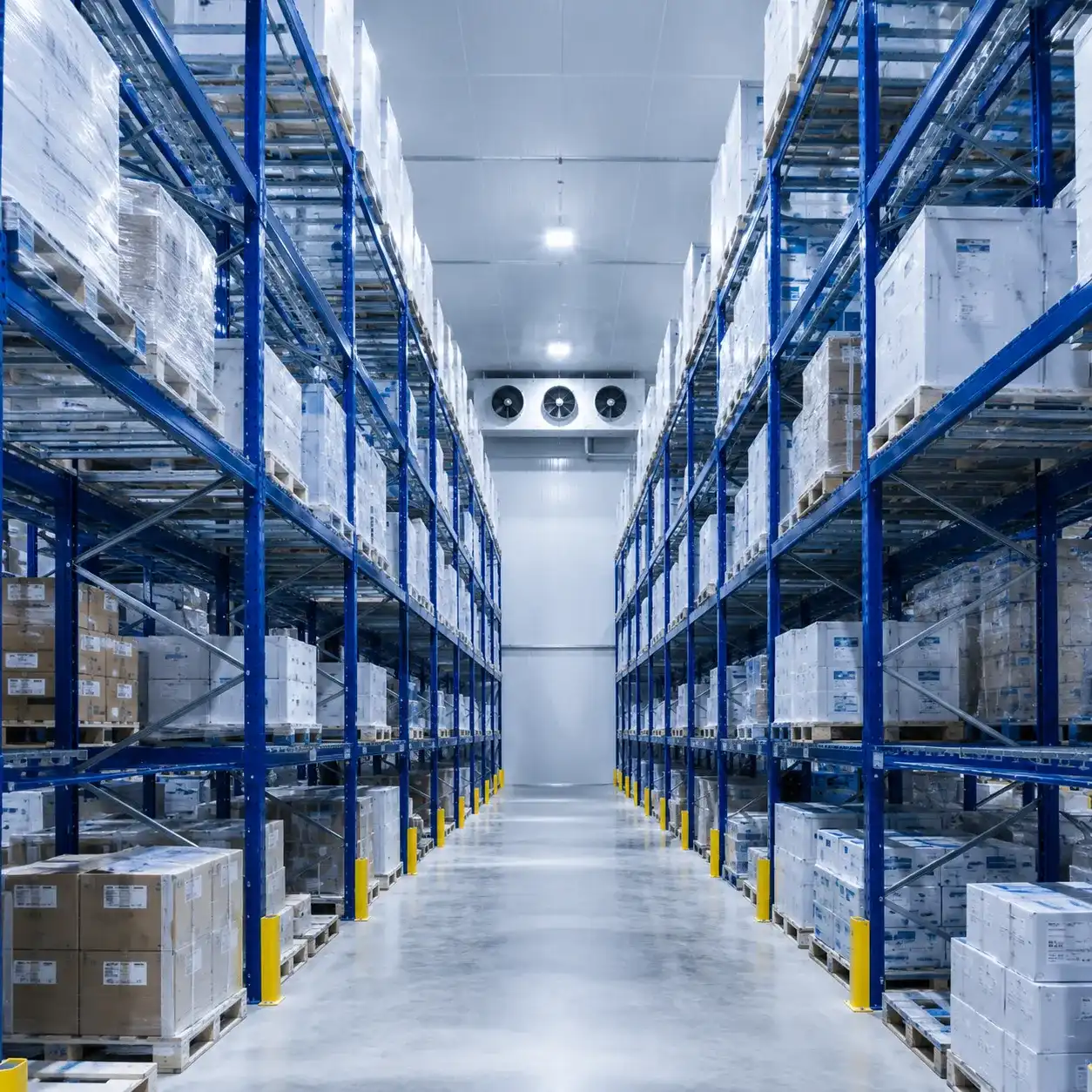 Heavy duty pallet racking system in industrial cold storage warehouse freezer room