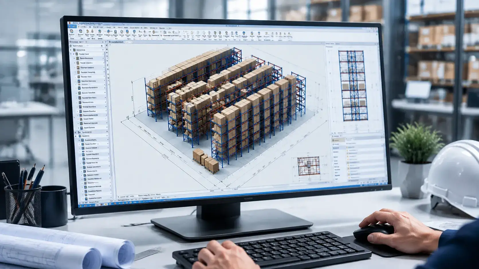 Custom Warehouse Shelving 3D CAD Layout Dimensions Pallet Grid Design Monitor Screen