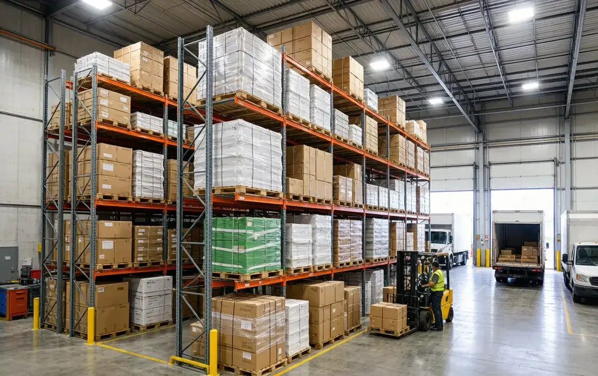Custom Warehouse Shelving 3PL Distribution Center Dock Door Trucks High Density Racks