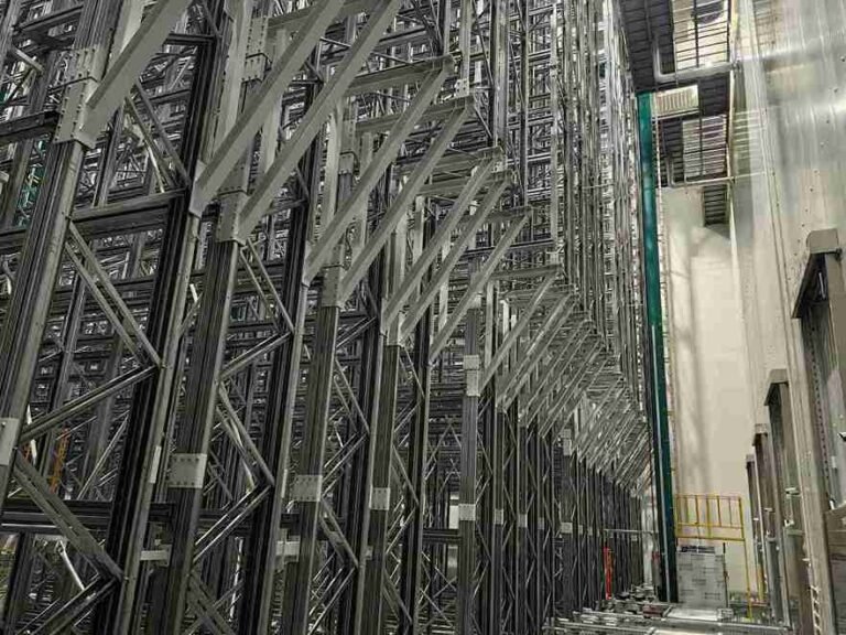 Steel Racking Structural System In High Bay Warehouse With Bracing And Beam Connections
